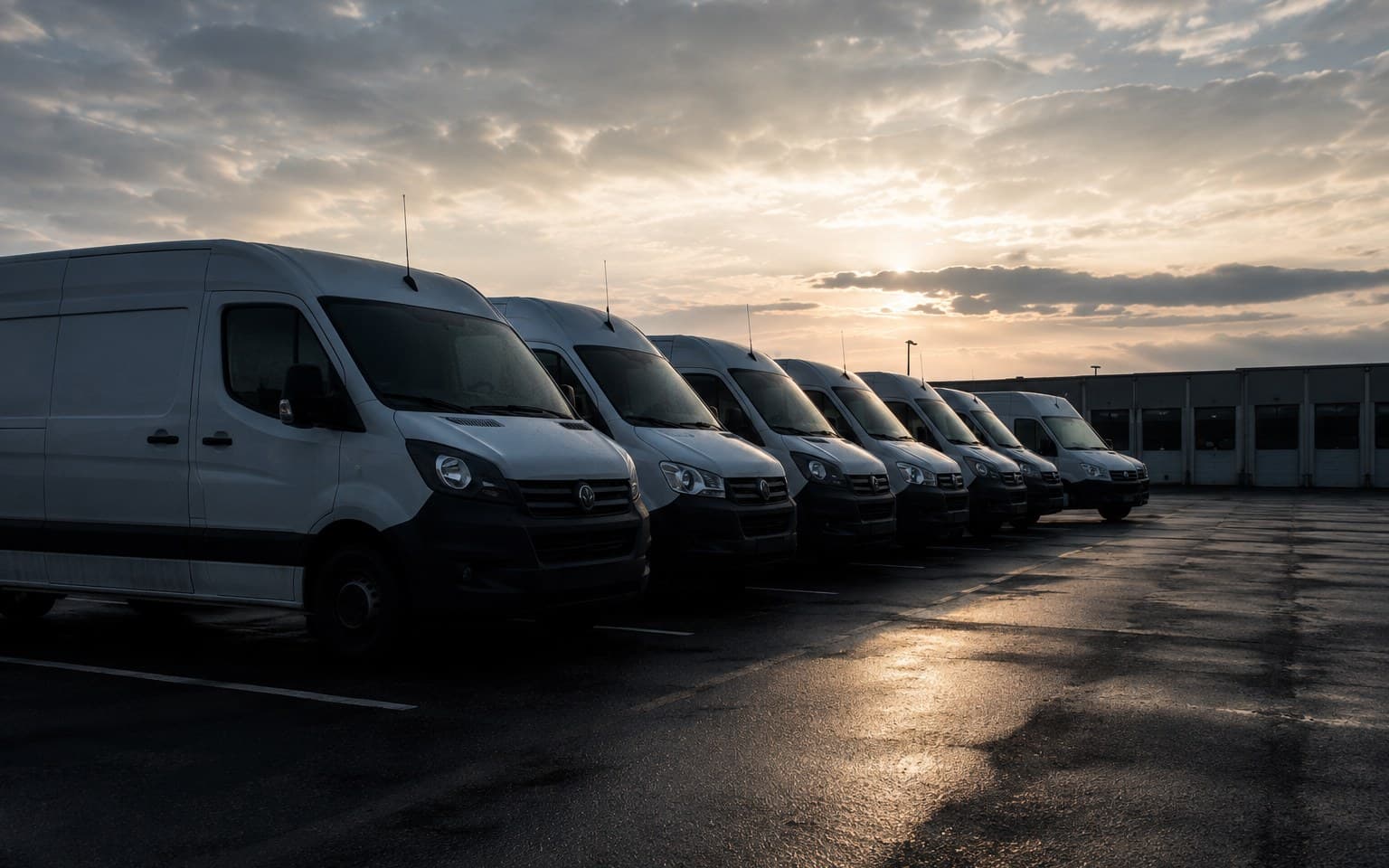 A row of service vans parked on wet asphalt at sunset