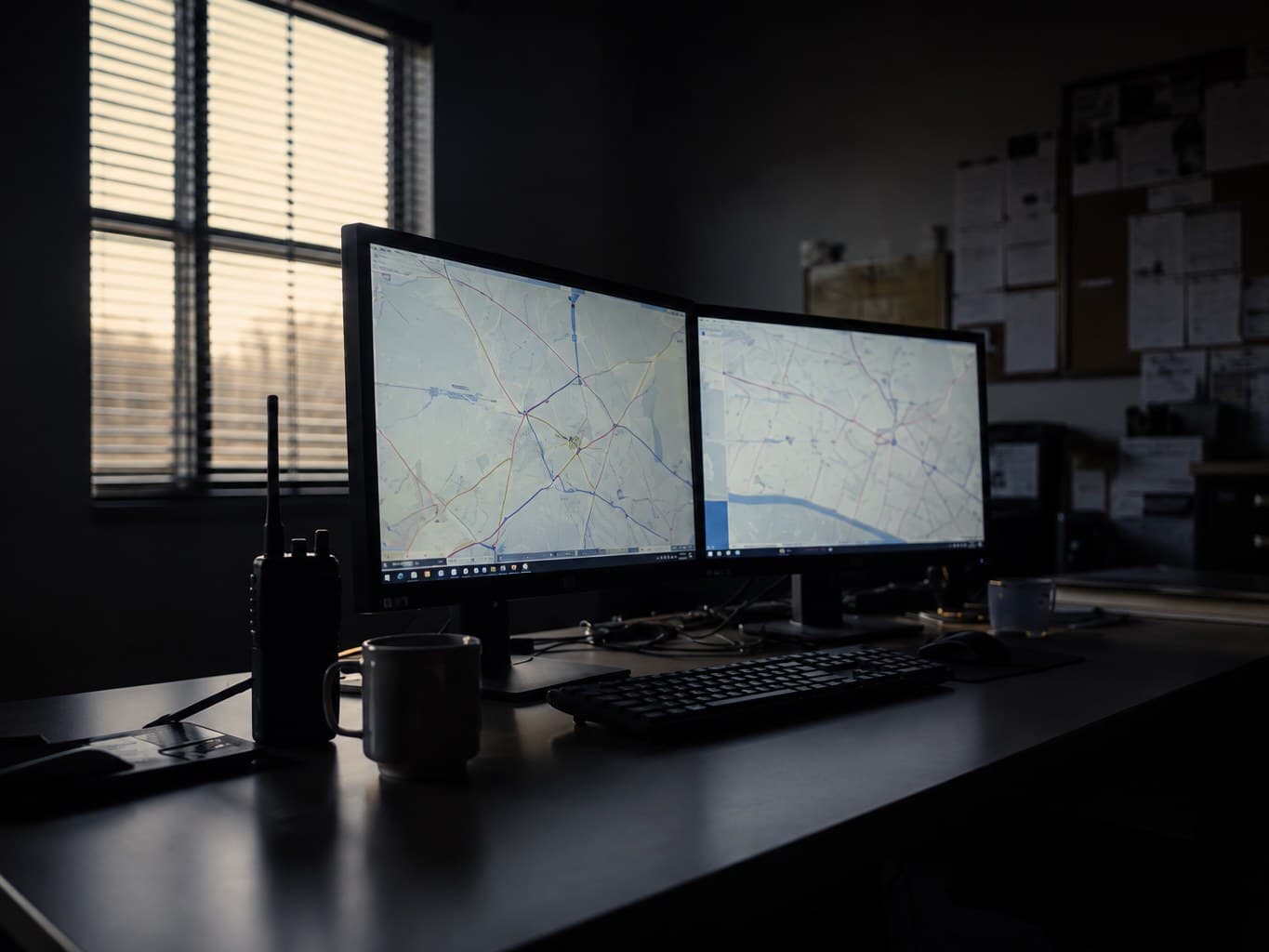 A dispatch desk at dawn, route maps glowing on two monitors