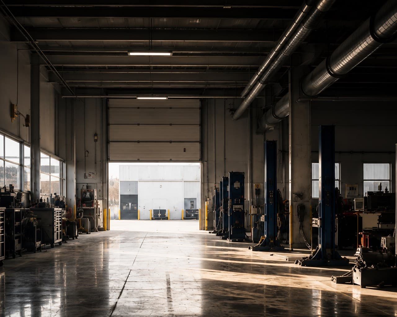 An empty service bay with vehicle lifts and daylight through the bay doors