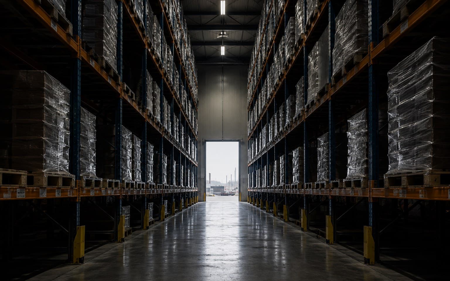 A distribution warehouse aisle lined with pallet racking