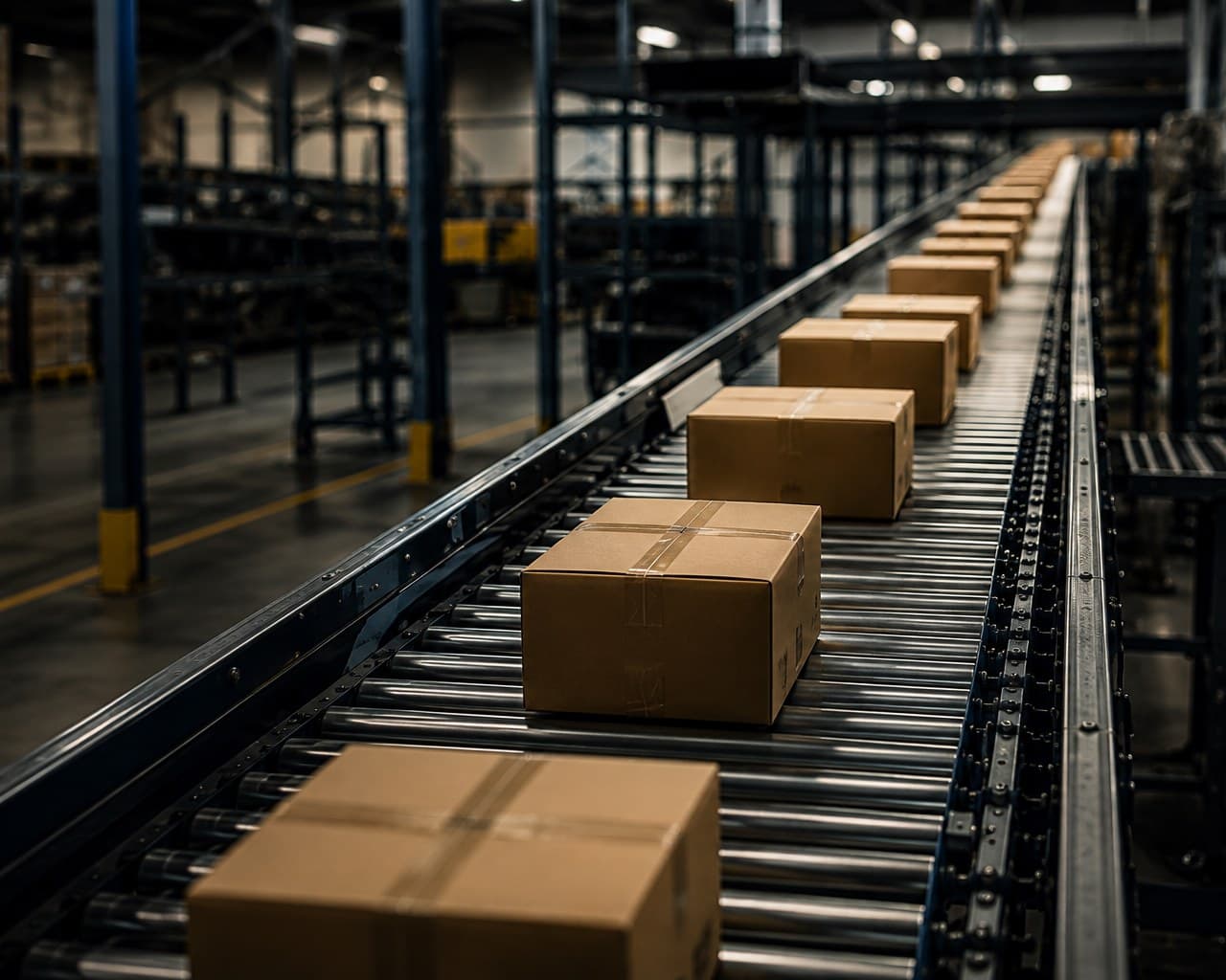 Cartons moving along a roller conveyor between warehouse racking
